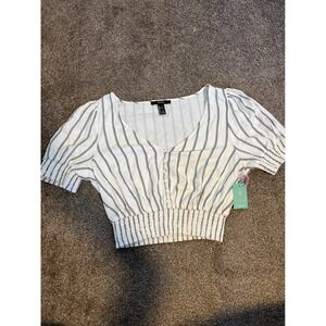 Forever 21 Striped Cropped Puff Sleeve V Neck Smocked Waist Top Womens L